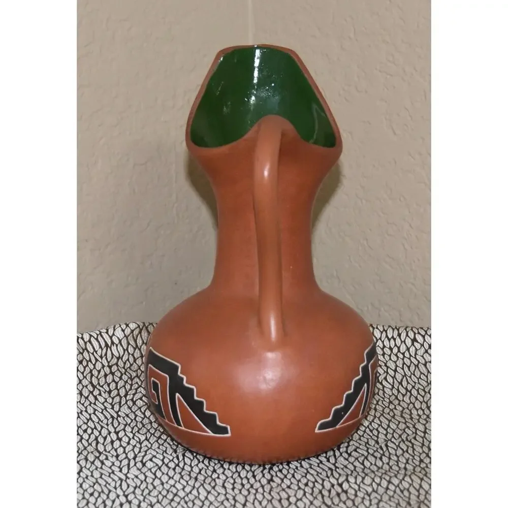 Mexican Hand Crafted Aztec Design Water Jug Pitcher - Red Clay / Barro Rojo